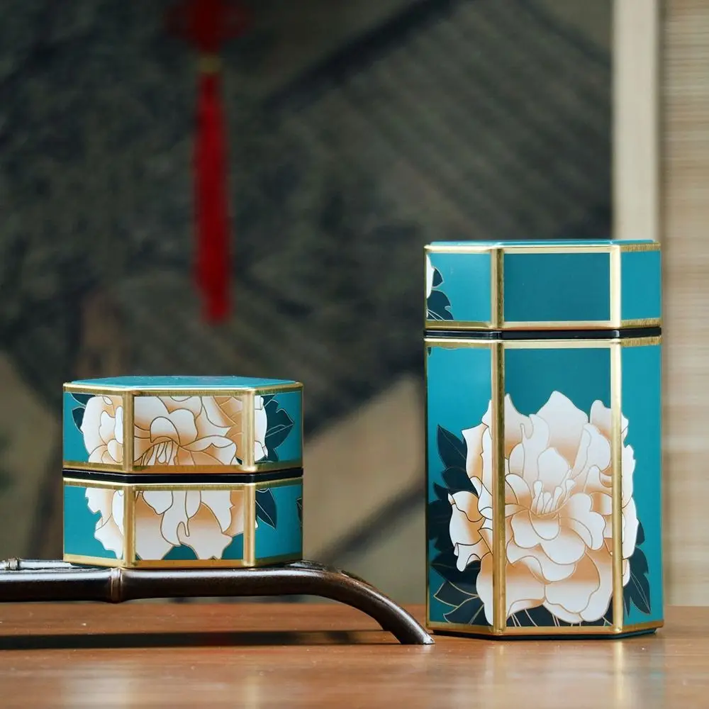 Hexagonal tea box tinplate storage tank small portable sealed pot storage container set accessories