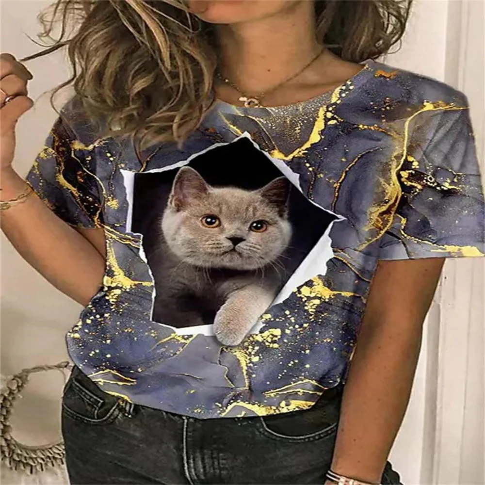 Compre Camiseta feminina com estampa de gatos 3d, moda feminina, blusas 2023,  engraçada, kawaii, gola em v, roupas femininas, grandes dimensões, verão,  camisetas