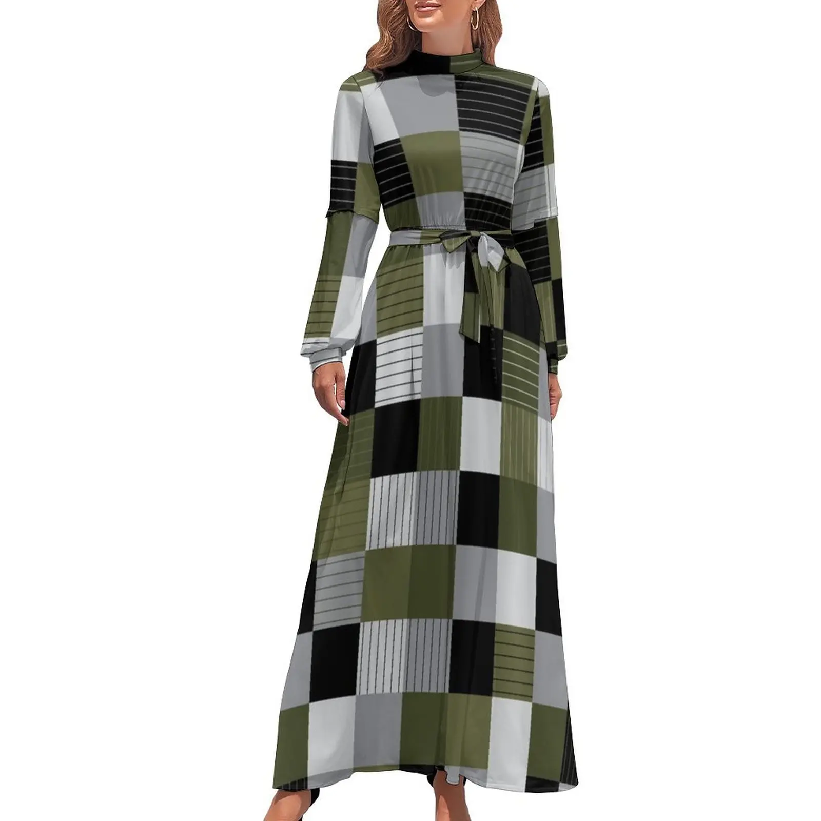 thumbnail image 1 of Vestido largo de verano para mujer, diseño de cuadros, lineal, verde salvia, negro, gris y blanco, vestido de fiesta 2024, 1 of 5