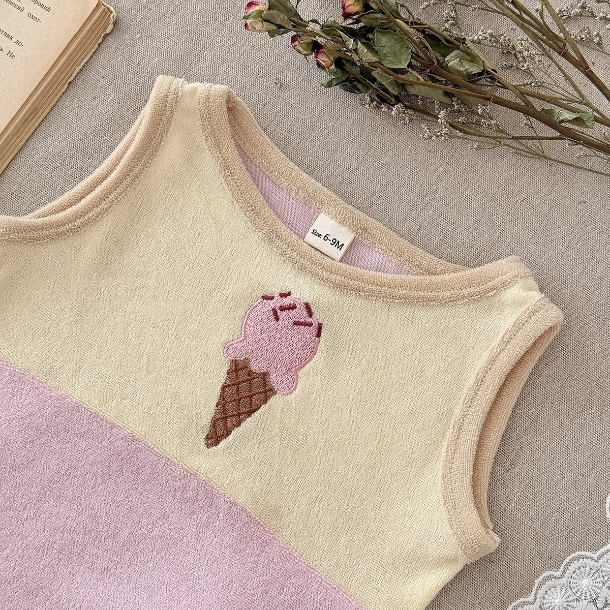 2026년 여름 3M-3T  세트, 아이스크림 자수 조끼와 반바지가 포함된 달콤한 컬러 블록 2종 세트 (여아용)