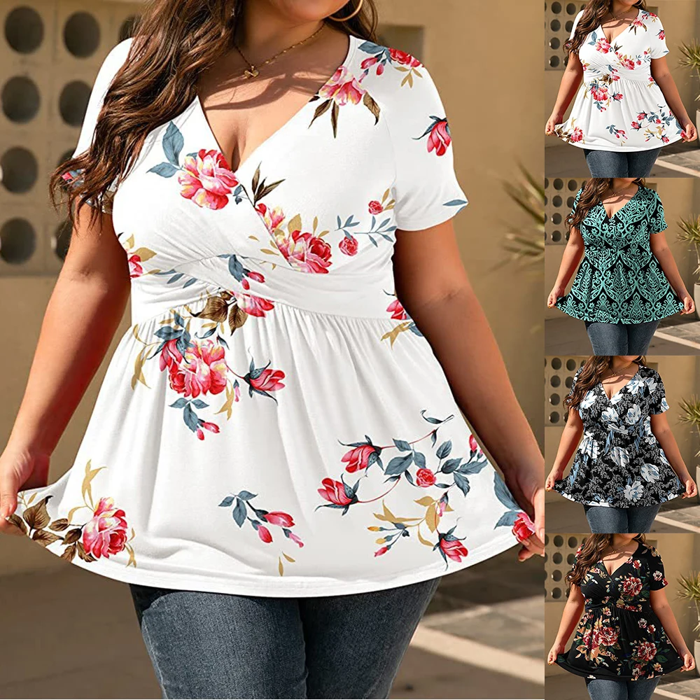 

Plus Size Women Floral Boho T-Shirt Ladies Summer Short Sleeve Tunic Tops Blouse Floral Tee Tunic Tops Blouse Casual V Neck Boho