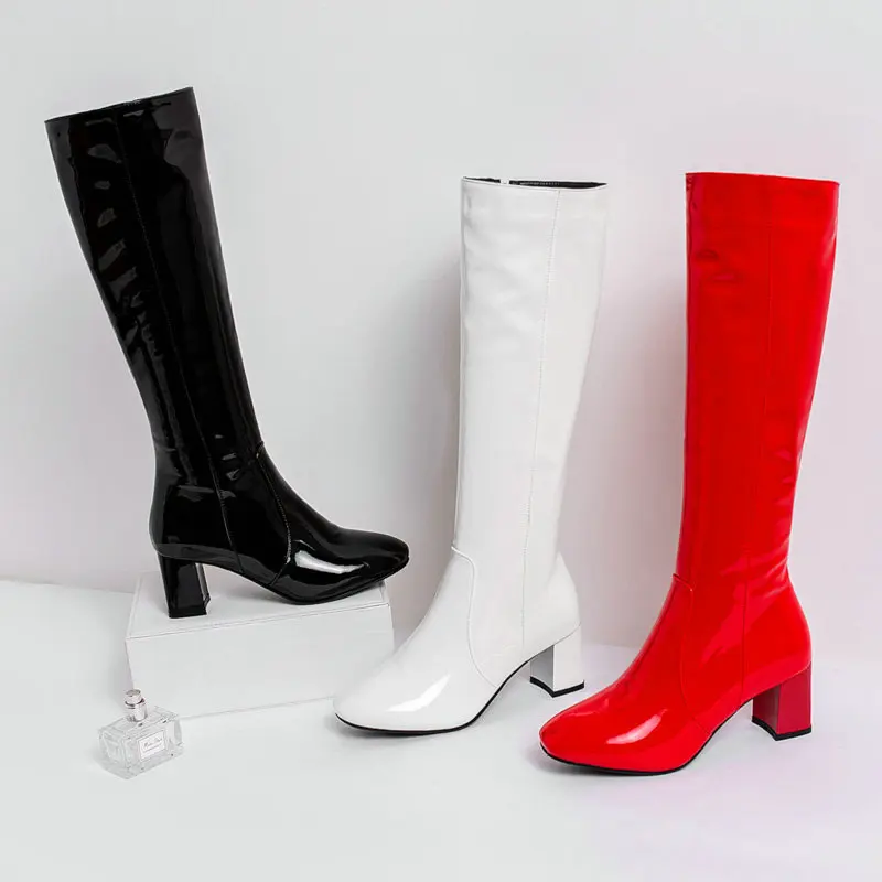 Winter Autumn Sexy Style Woman Knee-High Boots warm Fashion Patent Leather Long Boots Spring Classic High Heel Ladies Shoes