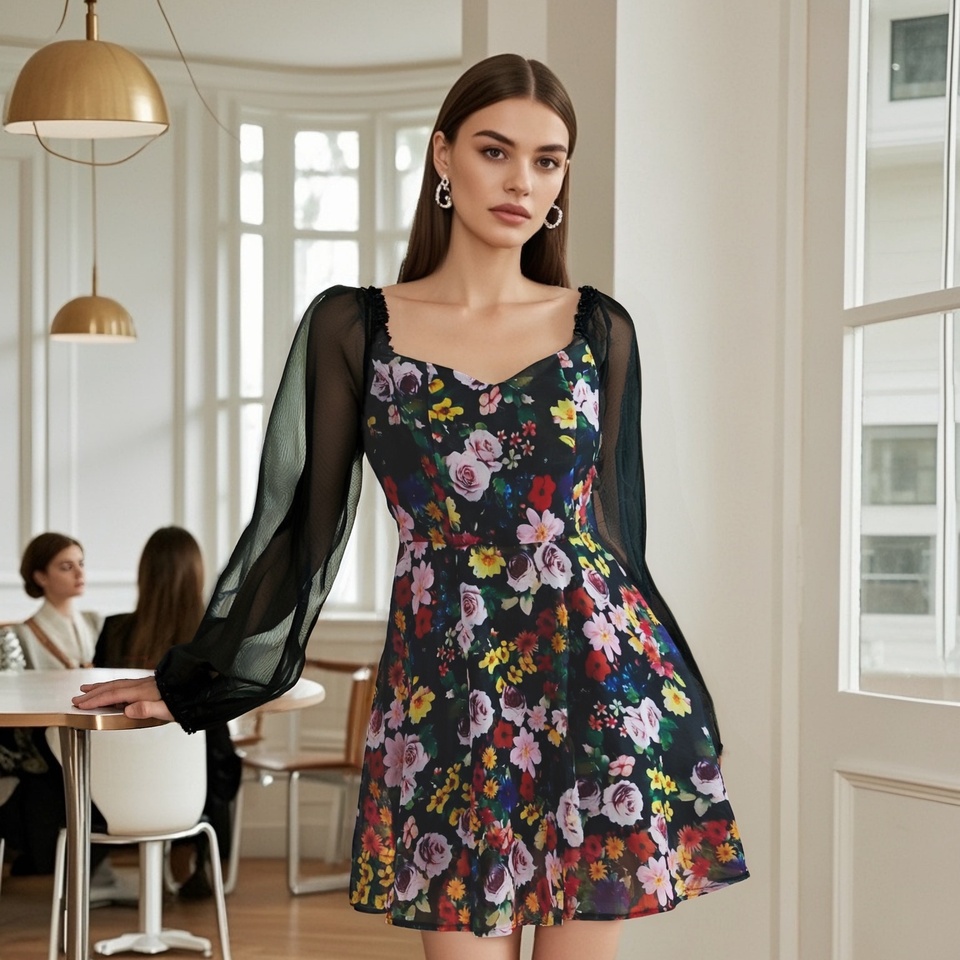 PB&ZA 2025 Women's Mini Dress with Square Neck Black Puff Sleeves and Colorful Floral Print for a Stylish Look