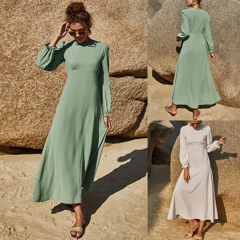 

Women's Round Neck Long Sleeve Solid Color Elastic Waisted Chiffon Swing Dress