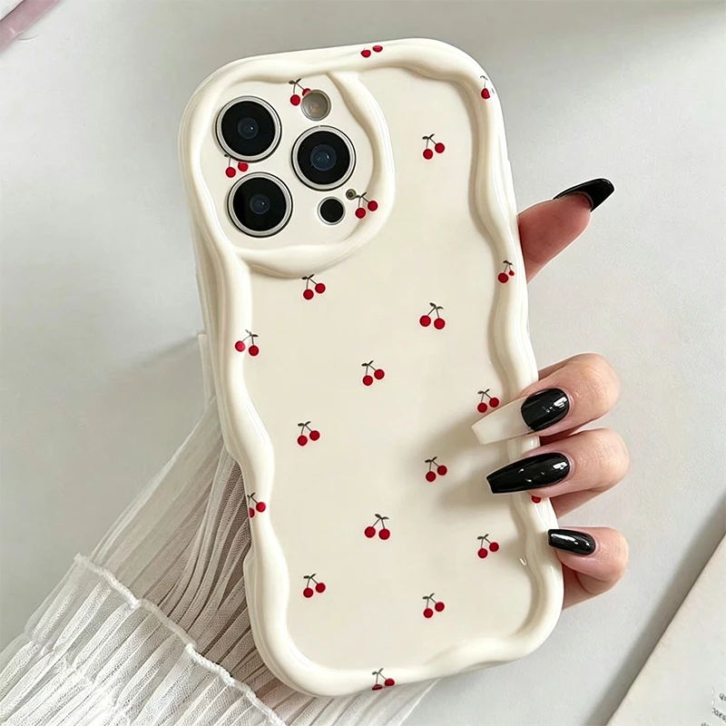 Cream Textured Glossy Heart & Bow Cherry Phone Case with Wavy Edges