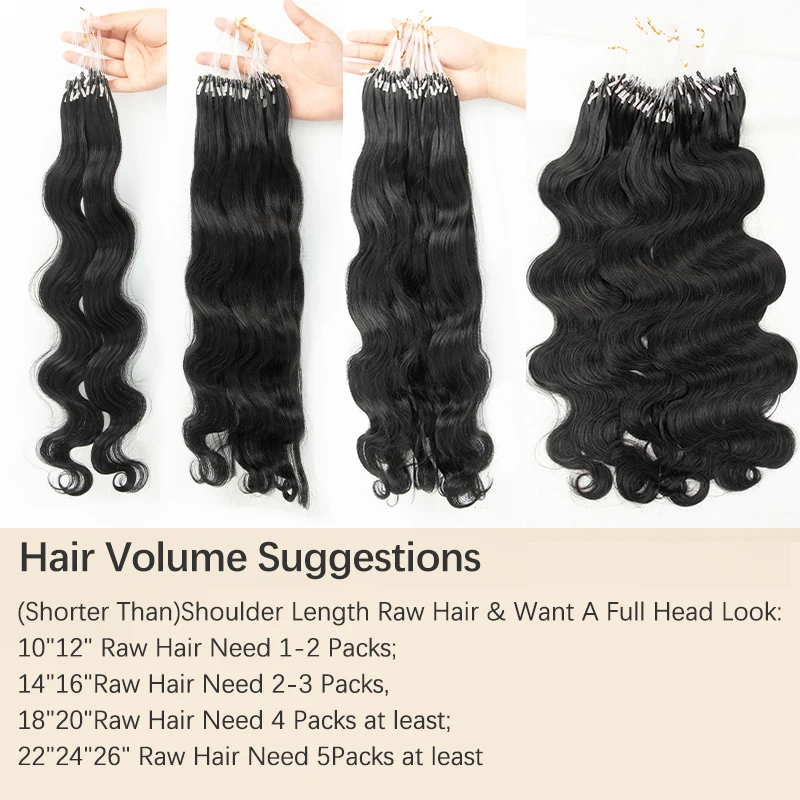 MRS HAIR Body Wave Micro Loop Human Hair Extensions Remy Microring Hair Extensions With Soft Beads #1B 12-26 inch 50strands/Pack