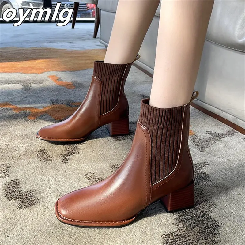 

Женские эластичные ботинки, новинка зимы 2022, короткие ботинки на толстом высоком каблуке с квадратным носком в стиле ретро, женские ботинки с шерстяными носками