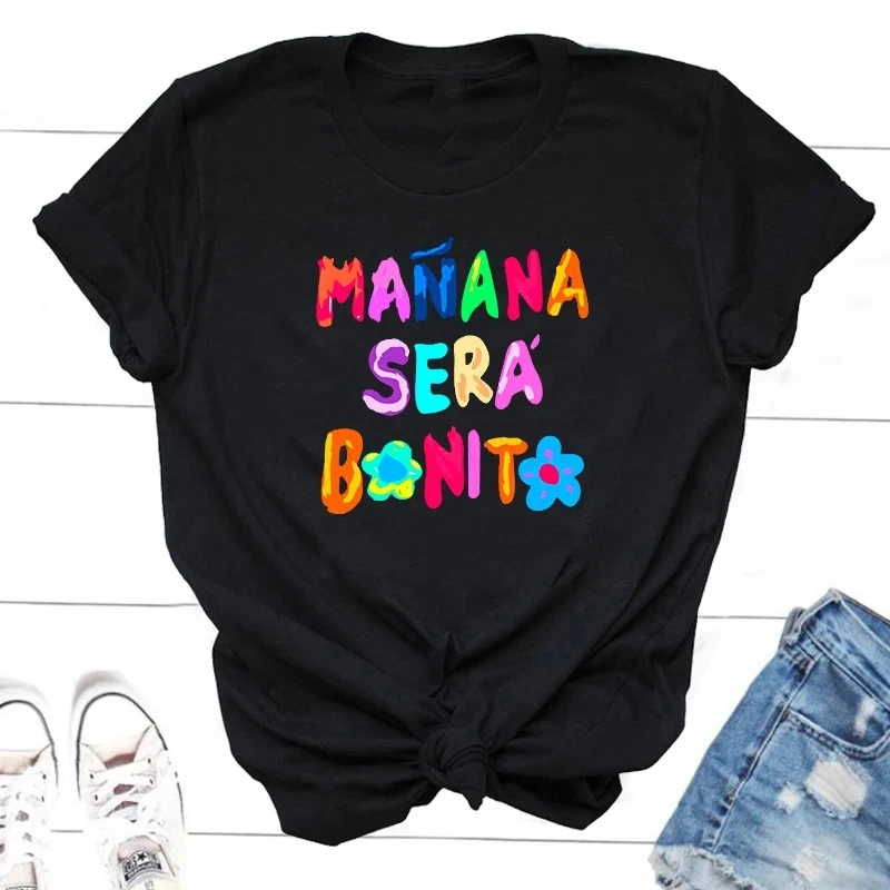 Nueva camiseta con estampado de Manana Sera Bonito Bichota Karol G para mujer, camisetas gráficas de manga corta para mujer, camiseta con cuello redondo, ropa informal de moda