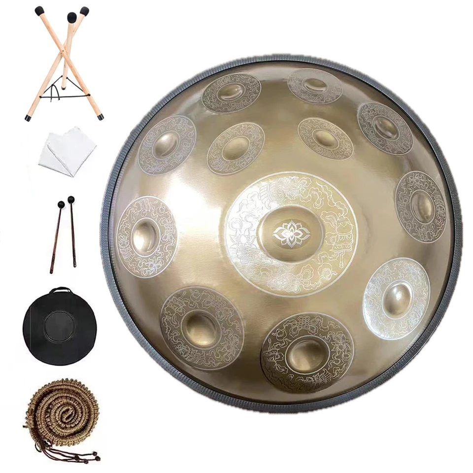  Adults Handpan Drum instrument in D Minor 12 Notes 432Hz/440Hz  Steel Hand Drum with Soft Hand Pan Bag, 2 handpan mallet, Handpan Stand  (Color : Gold, Size : 432Hz) : Musical Instruments