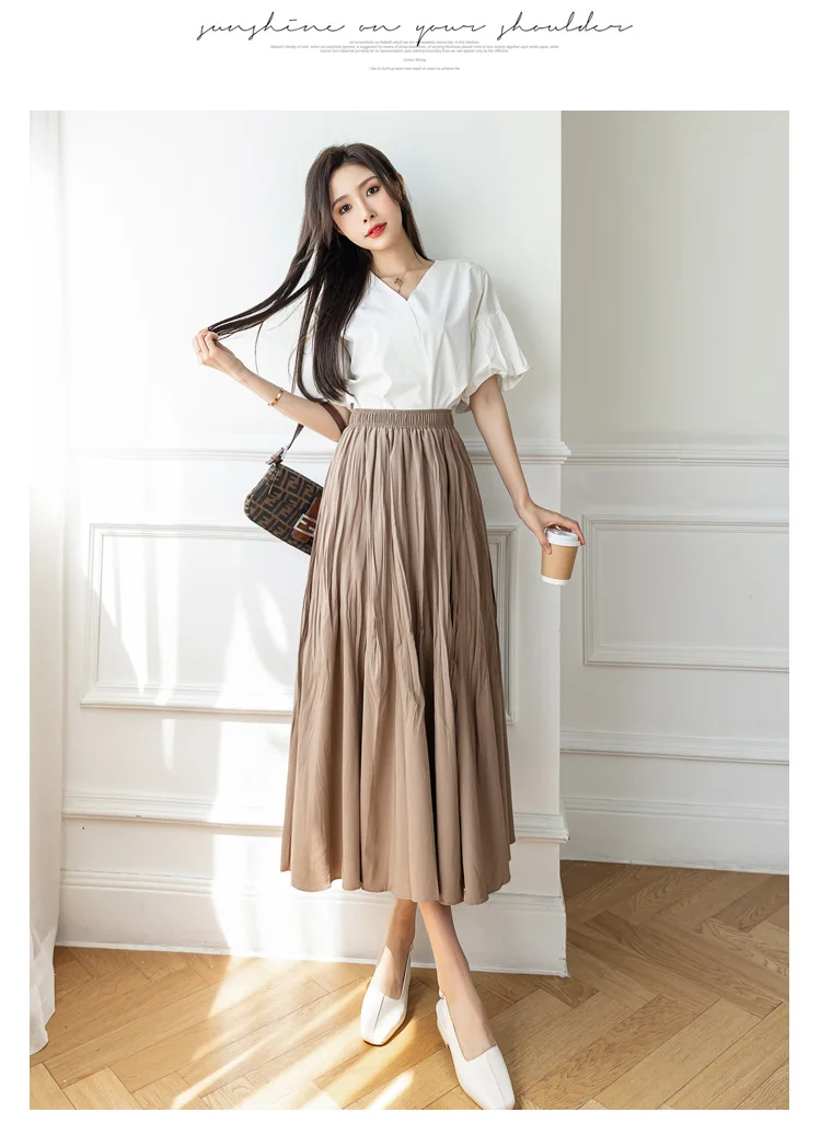 Women Casual Long Skirts New Arrival 2022 Spring Korean Style Plain Color All-match High Waist Ladies Elegant A-line Skirt W997 black leather skirt