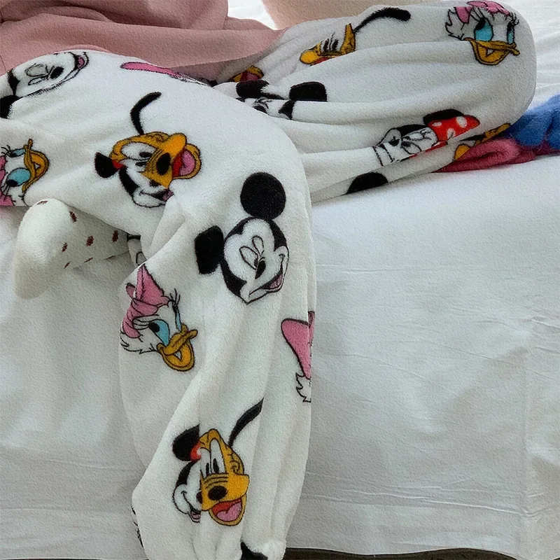 

Hot Disney Flannel Pajama Pants for Women Cartoon Mickey Mouse Donald Duck Coral Fleece Thickened Warm Winter Casual Home Pant