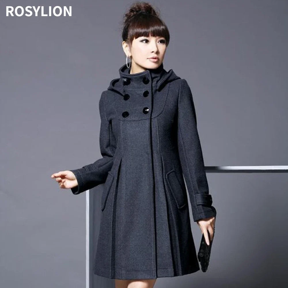 

Women Green Black Woolen Blend Coat Long Wool Hooded Double-breasted Jacket Windbreaker Ladies Pleated Cloak Large Size S-XXXL