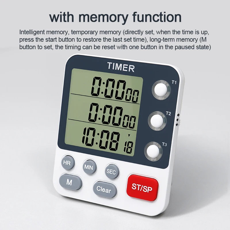 3 Channels Kitchen Timer 100 Hours Countdown Timer For Shower Study Stopwatch 3-Alarms Reminder Clock with Bracket/Magnet/Hole 2