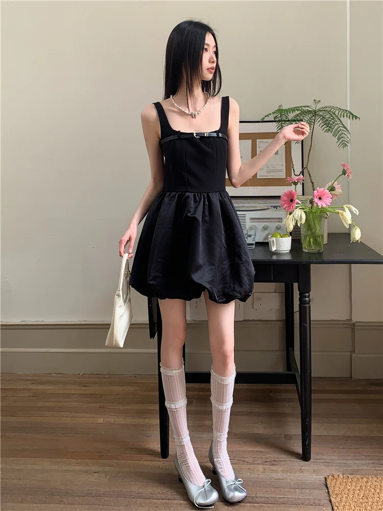 

Summer New American Retro Chest Belt Black Sling Skirt Short Flower Bud Dress Short Skirt for Women