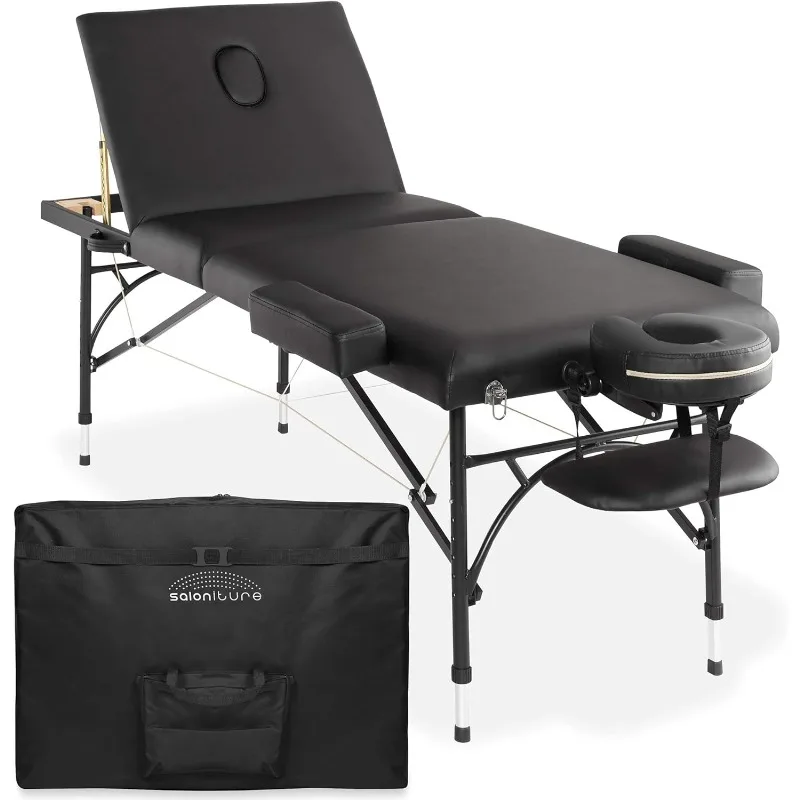 Professional Portable Lightweight Tri-Fold Massage Table with Aluminum Legs Includes Headrest Face Cradle Armrests and Carrying