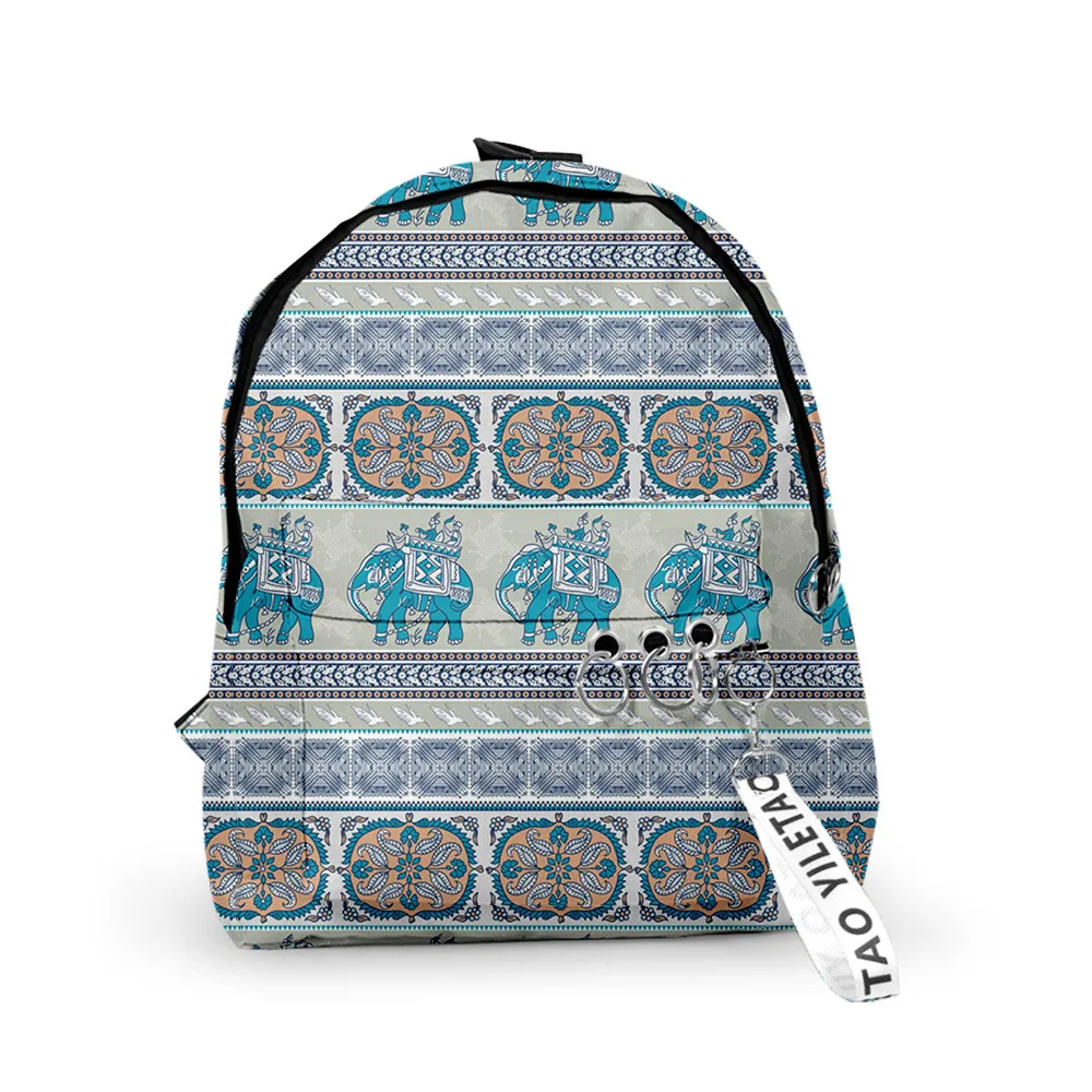 Popular Youthful Indian dlephant School Bag Notebook Backpacks Boys/Girls 3D Print Oxford Waterproof Key Chain Small Travel Bags