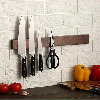 1pc, 16inch Walnut Magnetic Knife Holder For Wall, Magnetic Knife Strip, Powerful Wooden Magnet Knife Rack For Kitchen Knives 1