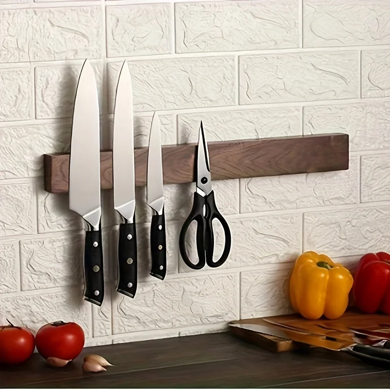 1pc, 16inch Walnut Magnetic Knife Holder For Wall, Magnetic Knife Strip, Powerful Wooden Magnet Knife Rack For Kitchen Knives