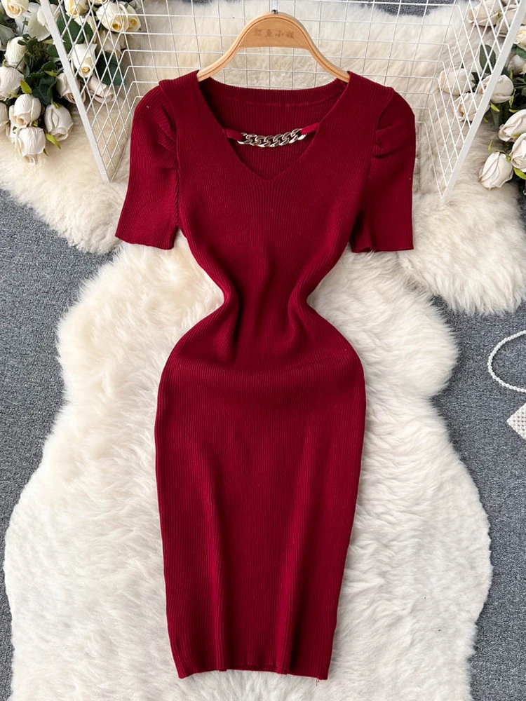 

YuooMuoo Chic Chains V-neck Knitted Mini Dress for Women Summer Elegant Puff Sleeve Bodycon Vestidos