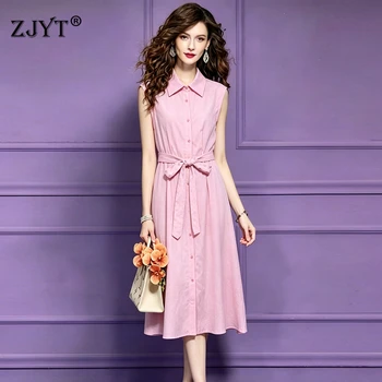 ZJYT Women's Summer Casual Dress 2026 New Fashion Sleeveless Single Breasted Linen Shirt Midi Dresses Elegant Vestidos Female 1