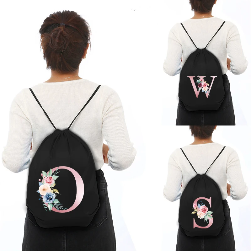 Drawstring Bag Gym Pouch Bag Pink Letter Print Backpack Women Portable Shopping Fashion Custom School Shoe Bag for Girl