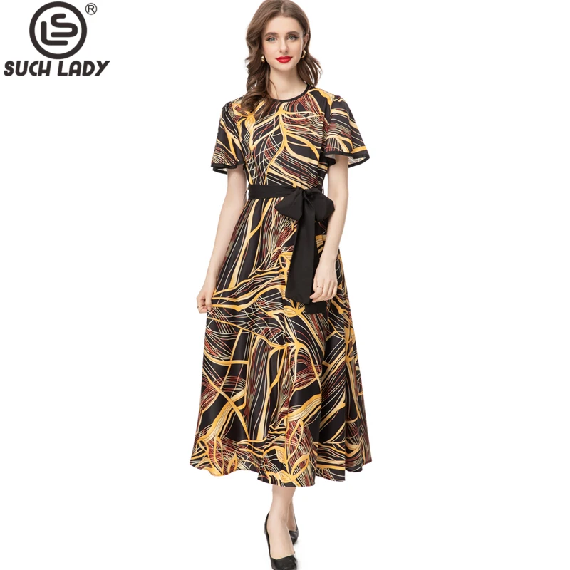 

Women's Runway Dresses O Neck Short Sleeves Printed High Street Fashion Elegant Mid Vestidos with Sash Belt