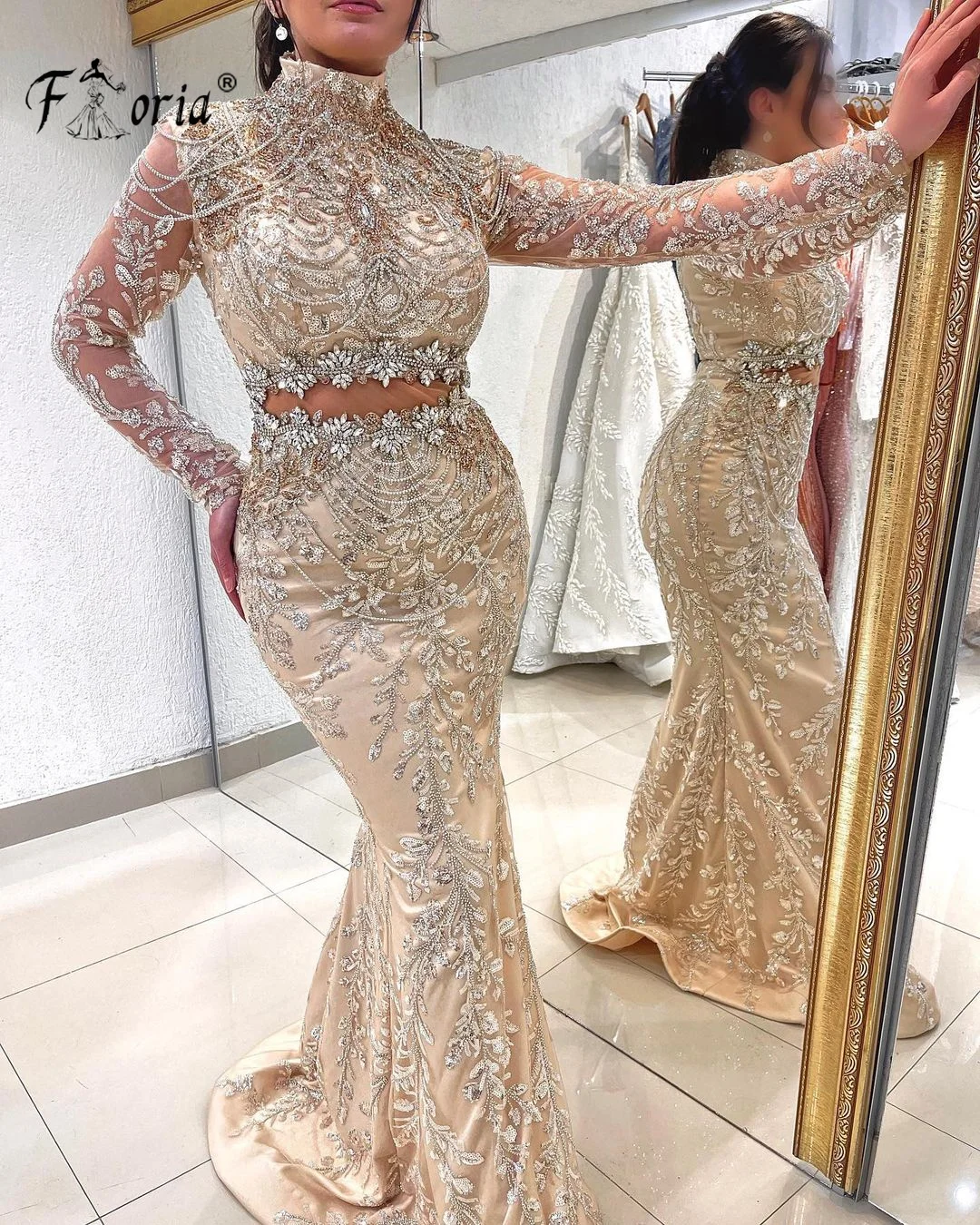 Luxus Dubai Frau Perlen Meerjungfrau Hochzeits feier Kleid Kristalle Quaste Spitze formelle Abendkleider Nahost Promi Kleider
