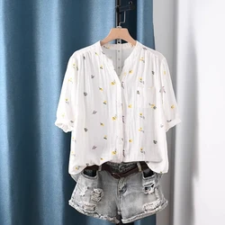 Elegant Lavender Vintage V - Neck Cotton Blouse - M (1)