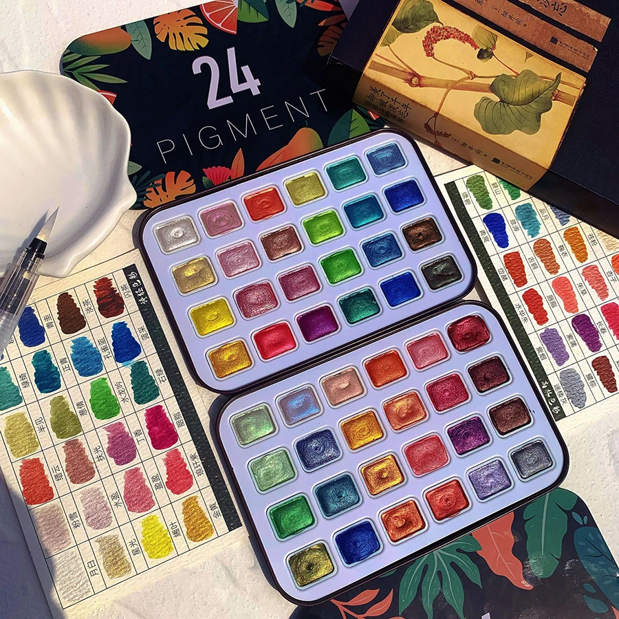 24-color pearlescent watercolor paint set, solid palette for artistic blending and Japanese gradient effects 2