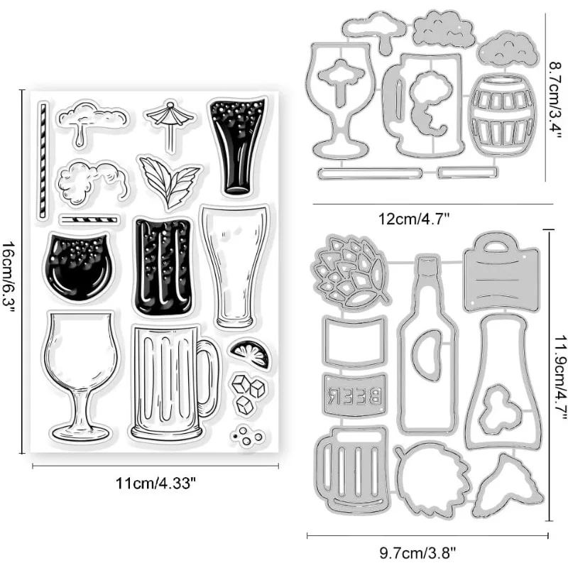 1 Set Beer Clear Stamps and Cutting Dies Beer Stamps and Embossing Die Cuts Silicone Stamp Cards Metal Cutting Die