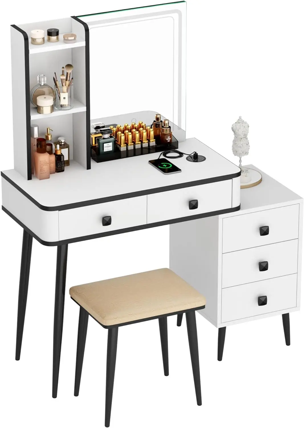 

Vanity Table Set with LED Mirror and Cushioned Stool, Makeup Desk Dressing Table with Storage Cabinet, Drawers&Shelves