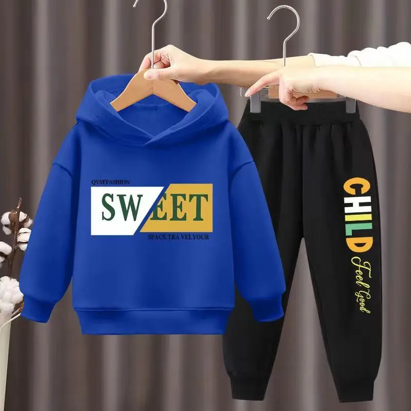 

girl korean Suit 2023 Children's Wear Autumn Little Boys' Hooded Casual Sweater Children's Two Piece hoodies pant Set