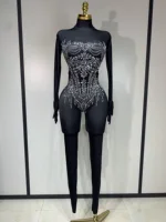 Stock Women Sexy Club Evening Party Wear Drag Queen Singer Dancer Stage Performance Costume Sparkly Rhinestone Stretch Jumpsuit