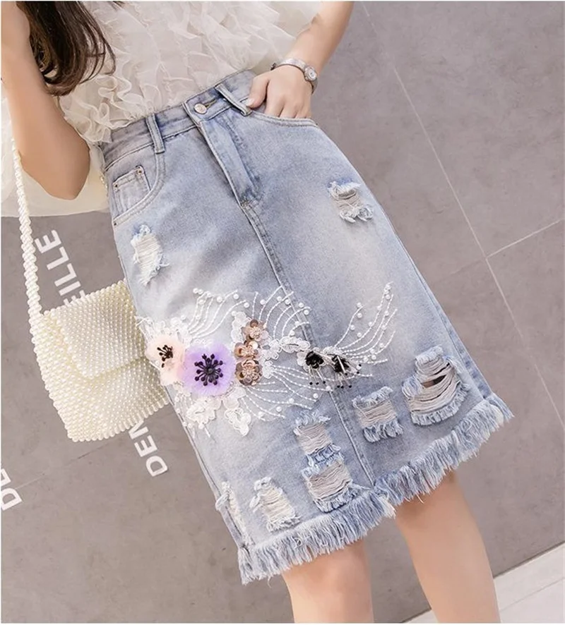 2022 Women's Denim Skirts Spring Summer High Waist Heavy Work Embroidery Flower Jeans Skirt Plus Size Hole Cowboy Skirt nike tennis skirt