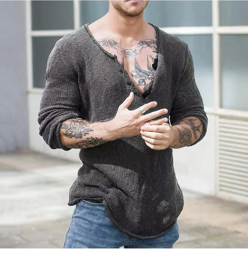 2025 Spring Autumn Mens Casual V-Neck Solid Sweater Fashion