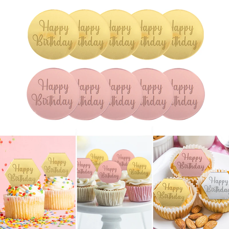 

10pcs Happy Birthday Cupcake Toppers Rose Gold Silver Acrylic Circle Mirror Acrylic Baking Card Decor Party Cupcake Insert Flag