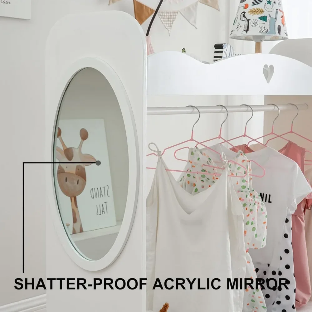 Kids Armoire Dress-Up Closet w/Mirror,Open Hanging Wardrobe w/Clothes Rack,Toddlers Pretend Play Costume Storage Dresser 4