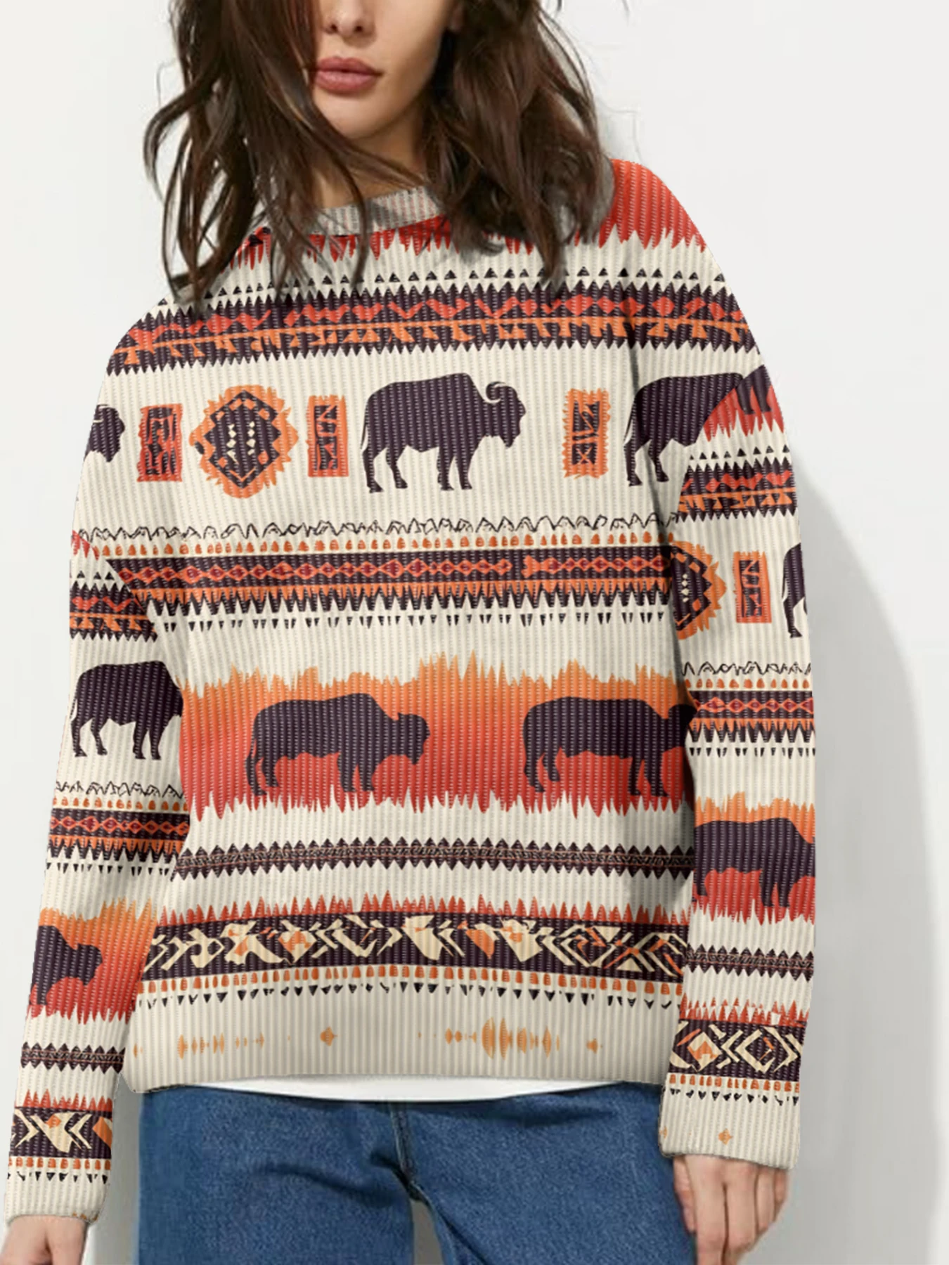 Langärmliges Sweatshirt mit ethnischem Tiermotiv, Unisex-Boho-Stil mit Bison und geometrischer, warme Freizeitkleidung für Männer und Frauen