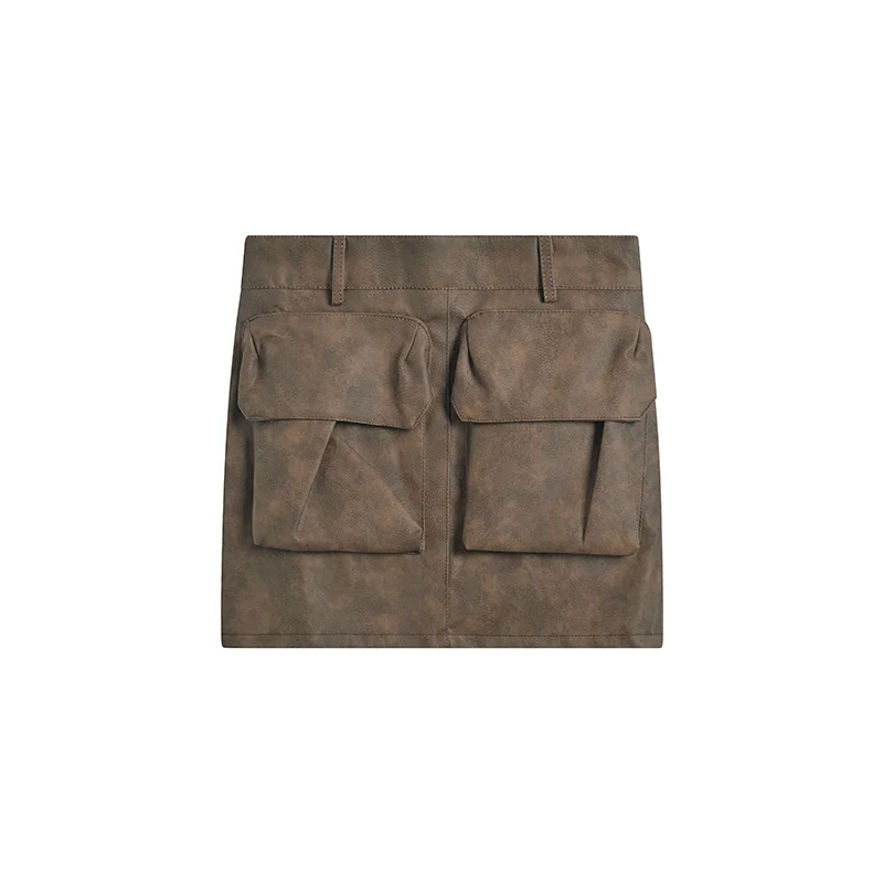 REDDACHiC Y2k Vintage Women 2-piece Set Off-shoulder Long Sleeves Crop Top Pockets Low Waist Leather Mini Cargo Skirt Workwear_voghion.com