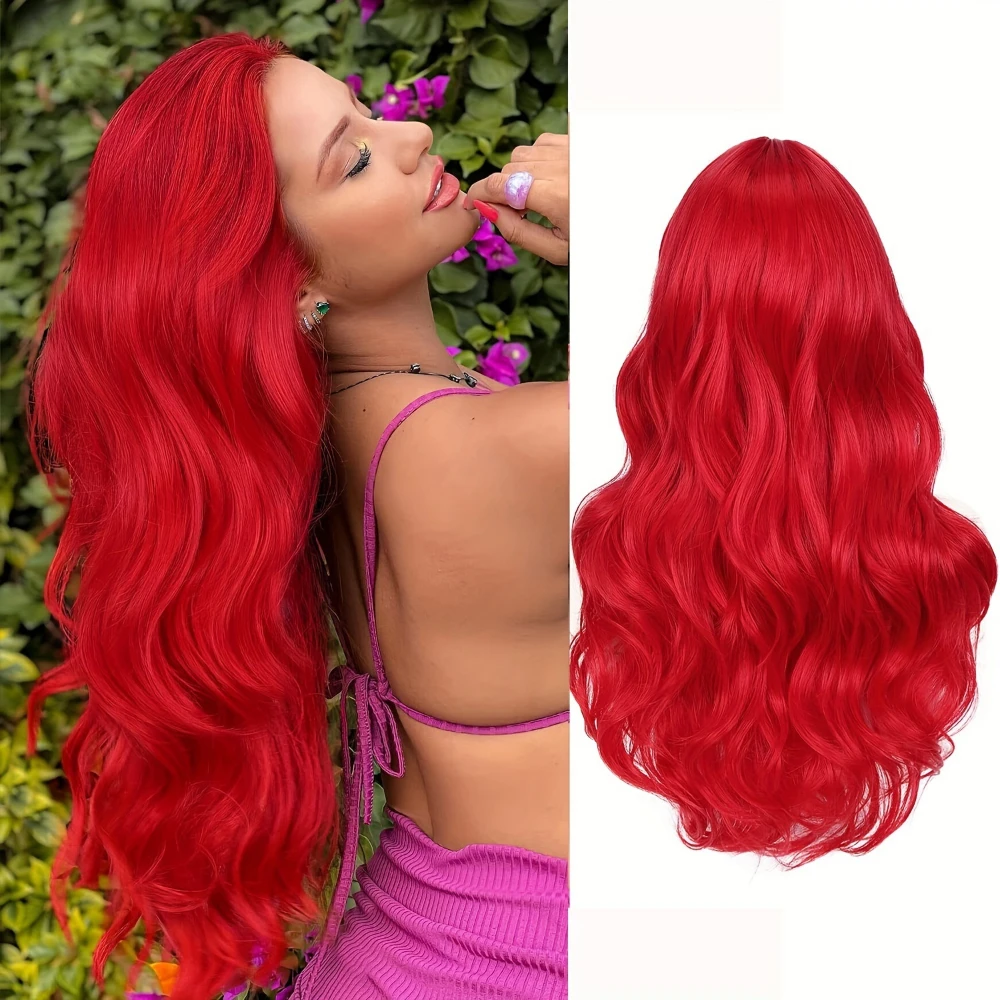 

Long Red Wavy Wigs for Women, Curly Middle Part Red Wig, Natural Looking, Synthetic, Heat Resistant Fiber, Hair for Party Use