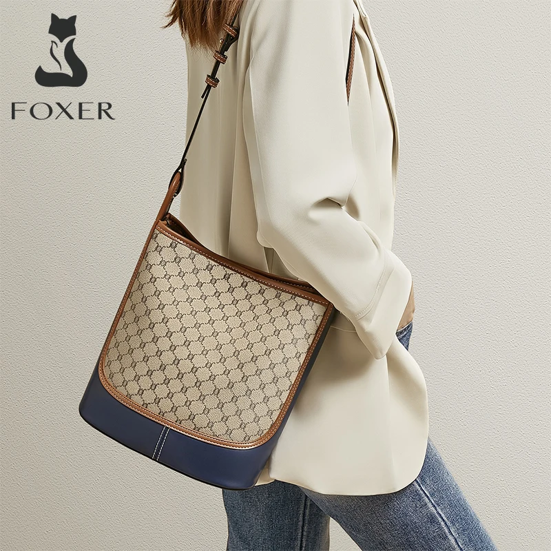 

FOXER Monogram Design PU Leather Shoulder Crossbody Bag Large Capacity Office Bucket Lady Fashion Women's Commuter Messenger Bag