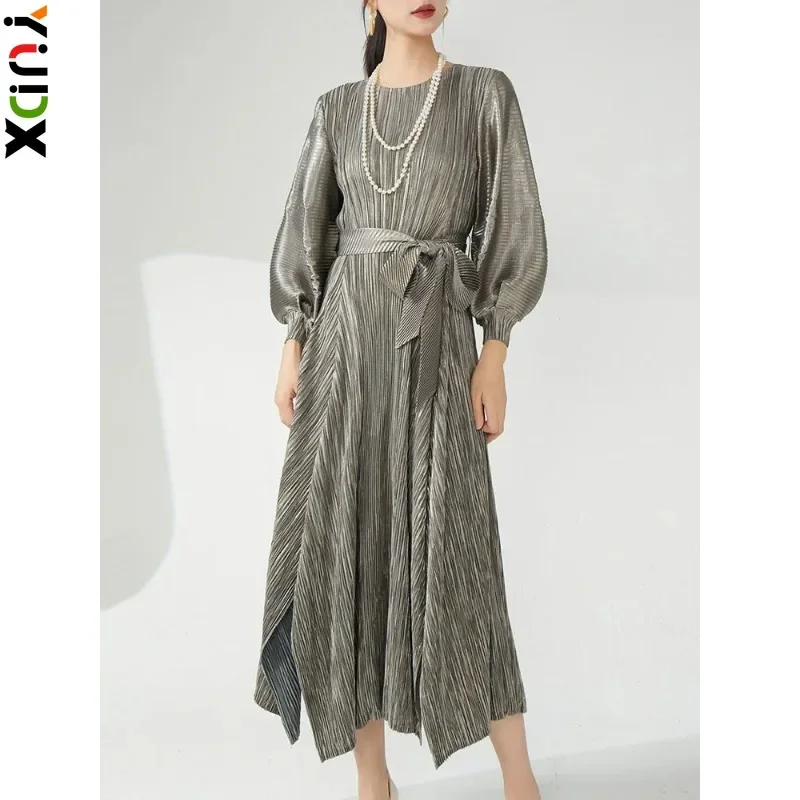 

YUDX Miyake Fashion Party Pleated Dress Women Belt Gathered Waist Lantern Sleeves Irregular Dresses Elegant New Clothing