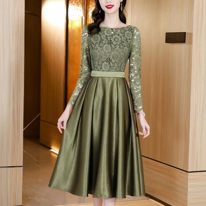 French Style Olive Green Lace Dress 2022 Spring Long Sleeve Formal