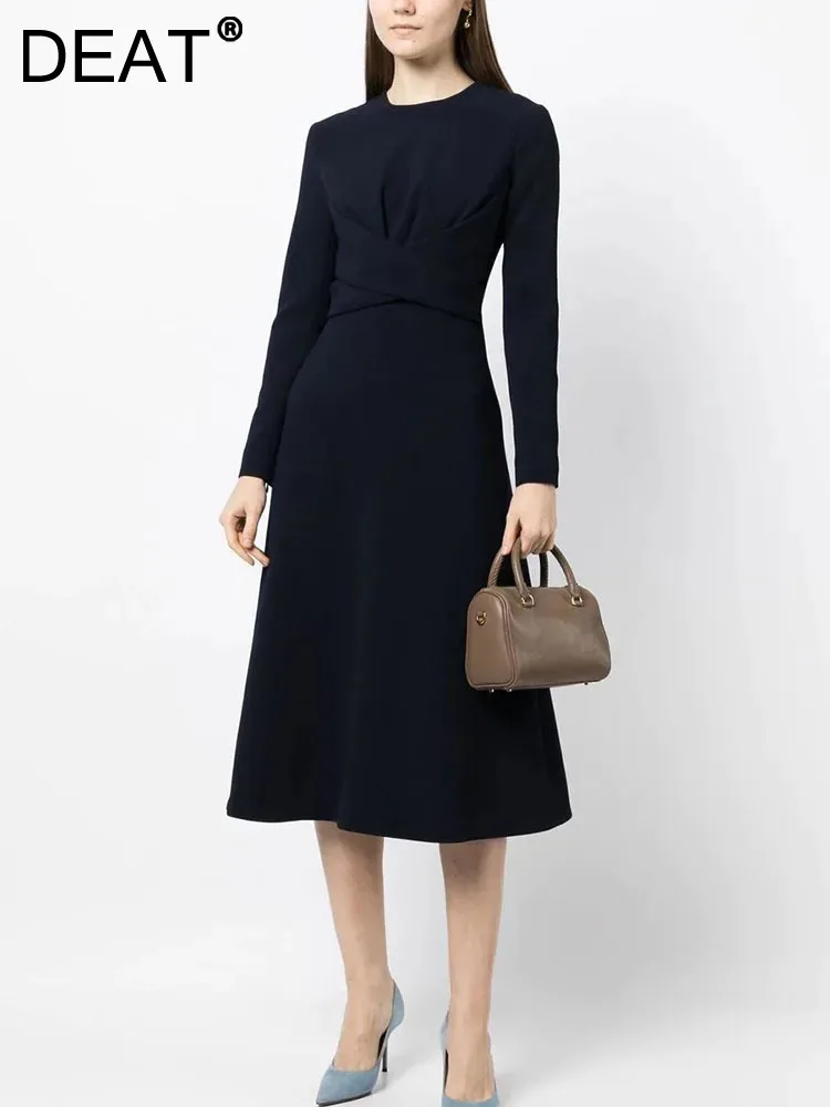 

Женское облегающее платье до середины икры DEAT, платье с круглым вырезом, перекрестной шнуровкой спереди, длинным рукавом и высокой талией, весна 2024