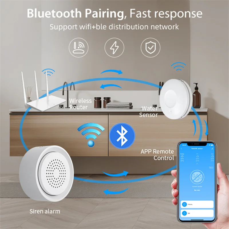 Tuya Smart WiFi Water Leak Alarm Kit 3 Pack Water Sensors with 90dB Adjustable