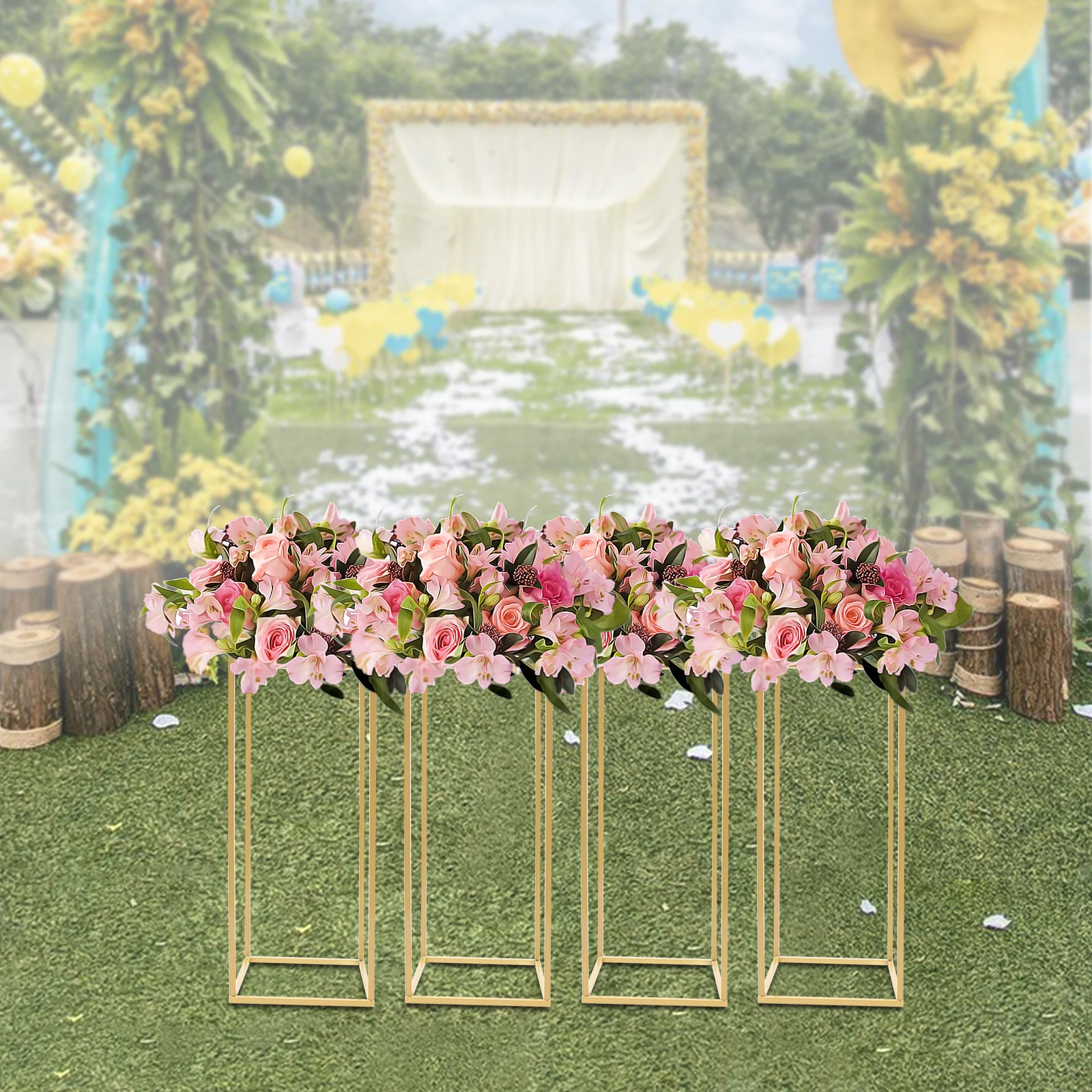 4Pcs Wedding Flower Stand Set 23.62"H Gold Metal Column Rack Wedding Party Prop Decor Balloon Display Holder Flower Vase Pillar