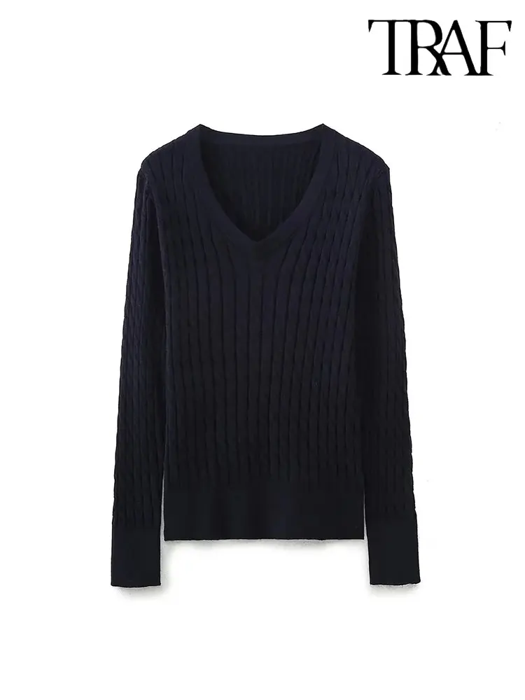 

TRAF 2023 Autumn Winter Women Short Knitted Soft Sweater Fashion Long Sleeve Vintage V-Neck Causal Elegant Pullover Slim Tops