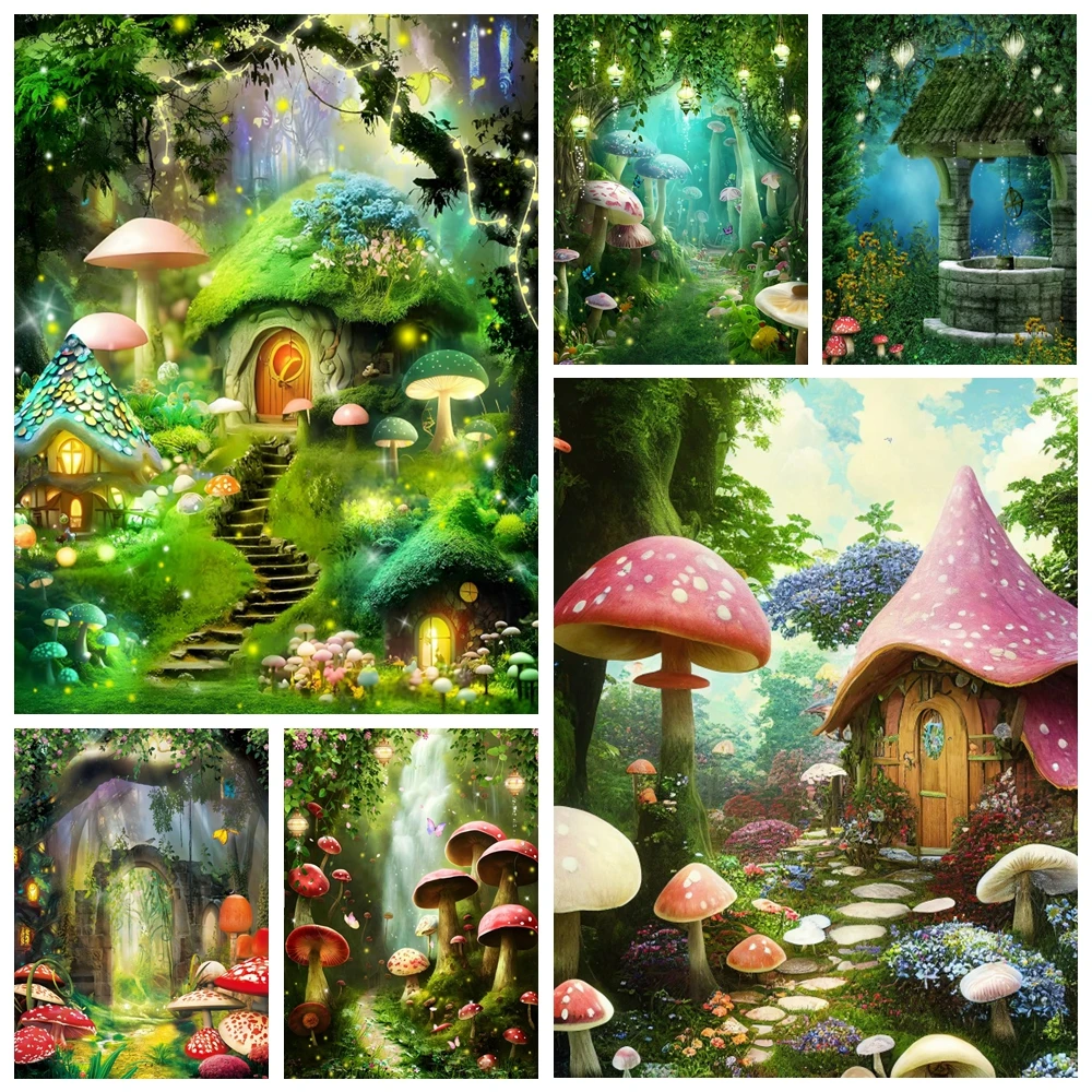 

Fairy Tale Enchanted Forest Backdrop Dreamy Wonderland Mushroom Jungle Castle Birthday Decoration Baby Shower Photo Background