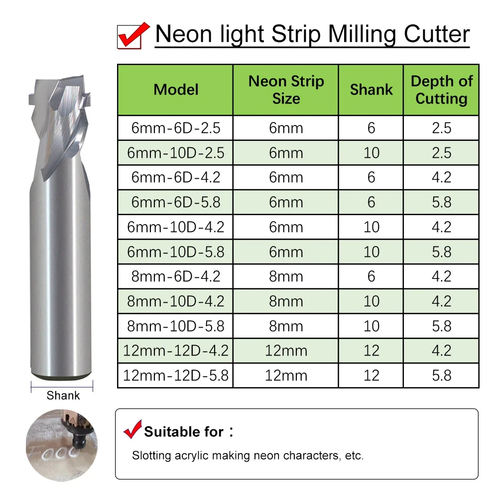 1PCS LED 조명 네온 밀링 커터 광고 단어 라이트 스트립 조각 커터 6mm 10mm 12mm 슬롯 도구