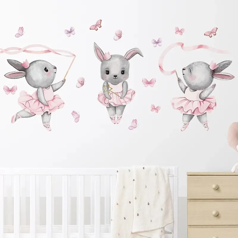 Luminous Wall Stickers Wall Stickers Vinyl Decal Stickers Cartoon Three Rabbits Dancing Ballet Butterfly Wall Stickers for Kids Room Bedroom Nursery Home Decoration Wall Decal